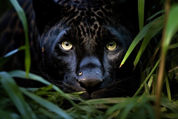 Capture d'une puissante panthère camouflée dans l'ombre d'une jungle dense