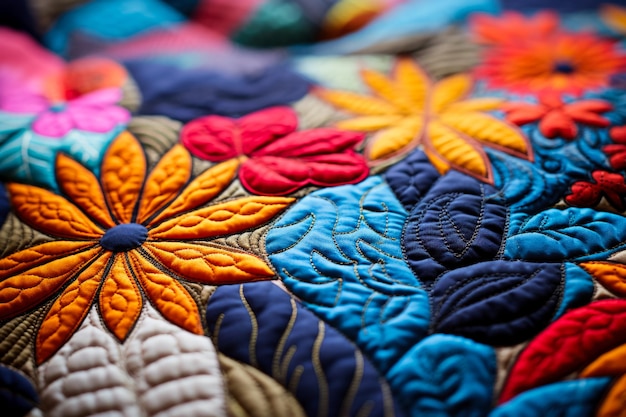 Capture rapprochée d'une couture méticuleuse dans des motifs de tissus teintés colorés