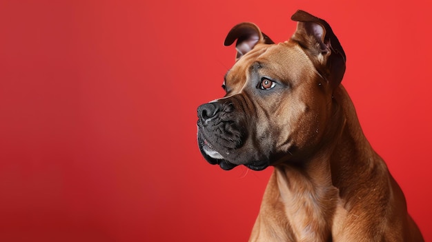 Capture de studio d'un chien Boxer sur un fond rouge Le chien détourne le regard de la caméra avec une expression sérieuse