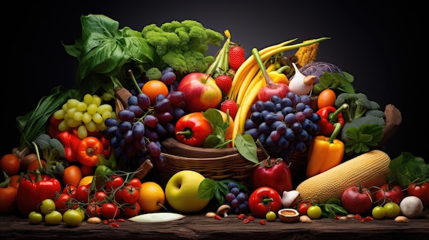 Photo capture de studio de divers fruits et légumes isolés sur fond noir vue supérieure produits à haute résolution