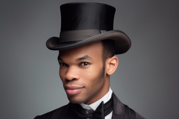 Photo capture de studio d'un homme ethnique avec un chapeau haut sur un fond gris créé avec l'ia générative