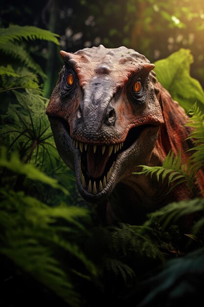 Capture de tête d'un dinosaure avec des plantes dans la forêt créée à l'aide de la technologie de l'IA générative