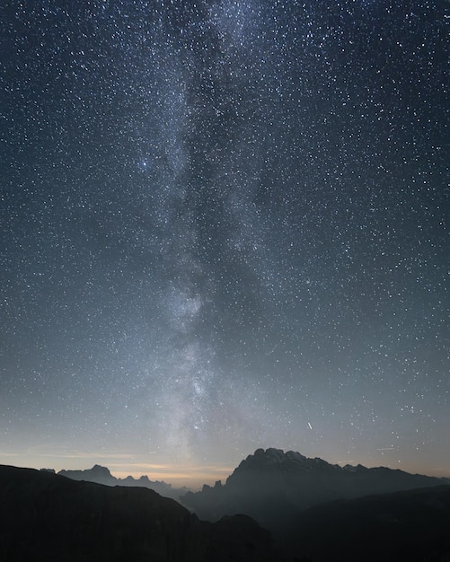 Capture verticale du ciel étoilé et de la voie lactée au-dessus des montagnes pointues des Dolomites en Italie