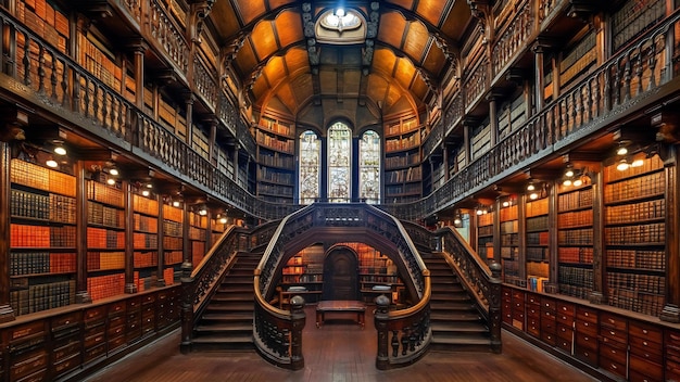 Capture verticale de l'intérieur de la librairie du centenaire de lello capturée à Porto, au Portugal