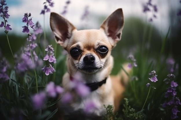 Capture verticale d'un mignon petit Chihuahua au milieu de fleurs sauvages violettes sur le terrain