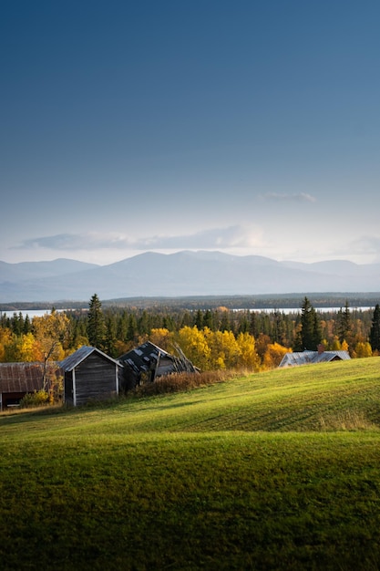 Capture verticale d'un paysage d'automne avec des cabanes et des arbres colorés