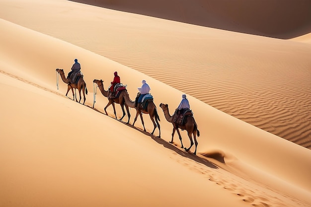 Capture verticale de personnes à cheval sur des chameaux sur un sable Capture verticales de personnes à chameau sur une dune de sable dans le désert