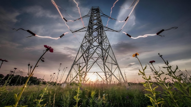 Capture verticale d'une tour électrique à haute tension avec une prairie verte au premier plan