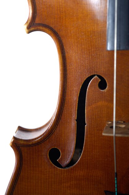 Photo capture verticale d'un violon en bois isolé sur fond blanc
