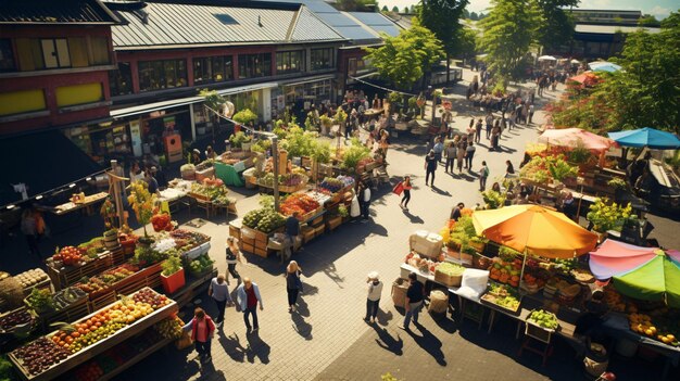 Capture visuelle par drone d'une scène de marché en plein air vibrante parfaite pour les publicités commerciales locales