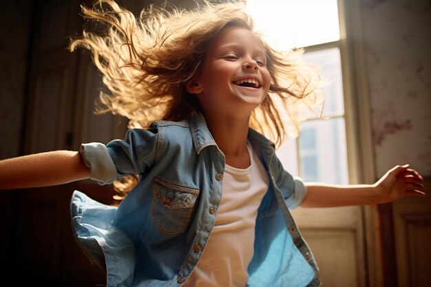 Capturer le bonheur d'une jeune fille dansant librement dans une pièce chaleureusement éclairée