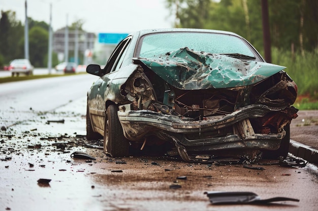 Capturer les conséquences d'un accident de voiture avec un véhicule en panne, soulignant l'importance de la sécurité routière et de la prudence.