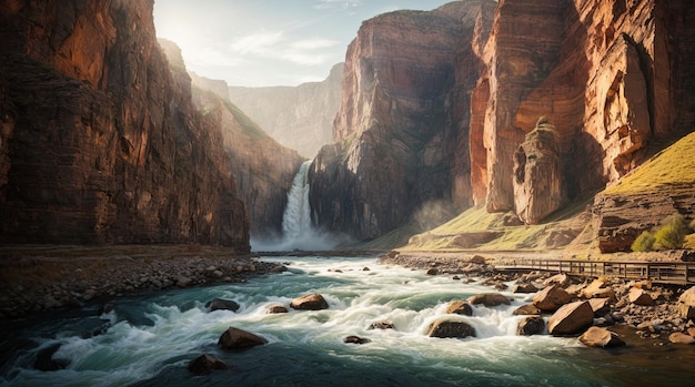 Capturer les forces de la nature : la rivière qui coule à travers les grandes falaises rocheuses