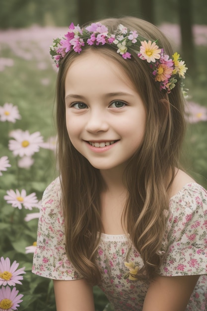 Capturer la joie Un superbe portrait d'une jeune fille souriante au milieu d'une forêt florale florissante