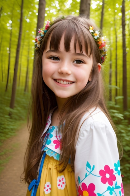 Capturer la joie Un superbe portrait d'une jeune fille souriante au milieu d'une forêt florale florissante