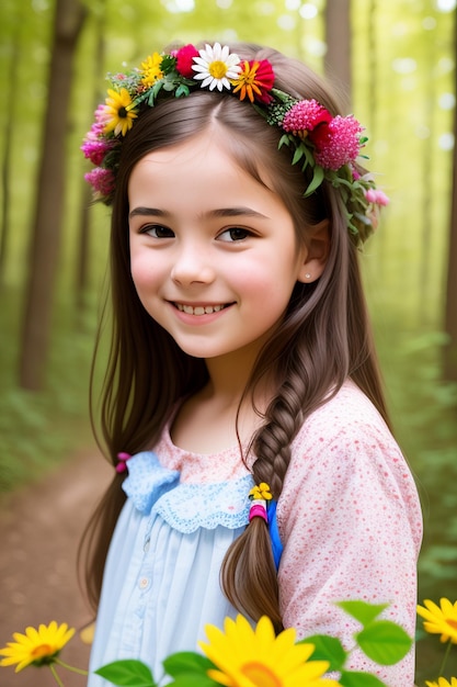 Capturer la joie Un superbe portrait d'une jeune fille souriante au milieu d'une forêt florale florissante