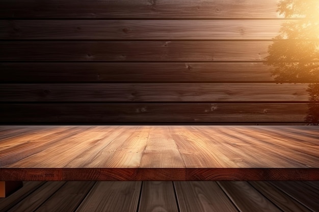 Photo capturer la sérénité un chef-d'œuvre photographique d'une table en bois vide baignée de lumière naturelle