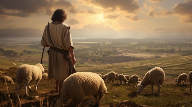 Capturer la sérénité une tendre représentation du petit enfant Jésus-Christ gardant les moutons une scène attachante et symbolique incarnant l'innocence, la foi et le charme pastoral du récit biblique