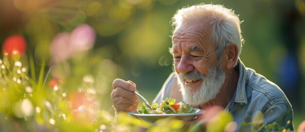 Capturer la vitalité, un portrait réconfortant d'une personne âgée joyeuse adoptant un mode de vie sain et heureux grâce à une nutrition adéquate, rayonnant de joie et de bien-être au cours de ses années d'or.