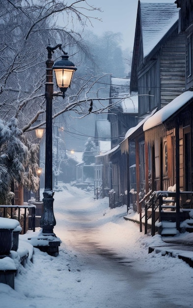 Capturer une vue isolée au milieu d'une légère chute de neige dans une petite ville de montagne