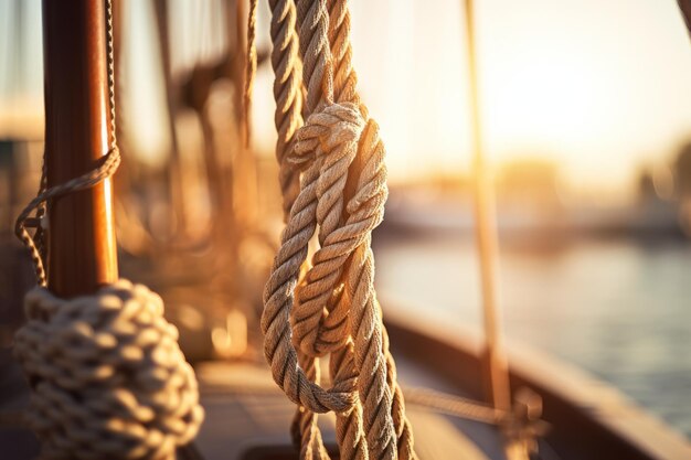 Photo capturés par le soleil la danse énigmatique d'une corde de yacht enchevêtrée