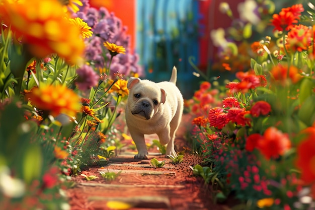 Photo capturez un chien qui explore un jardin coloré