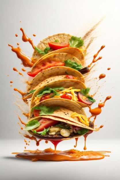 Capturez des éclaboussures dynamiques de nourriture dans une photographie culinaire volante avec trois tacos comme sujet principal