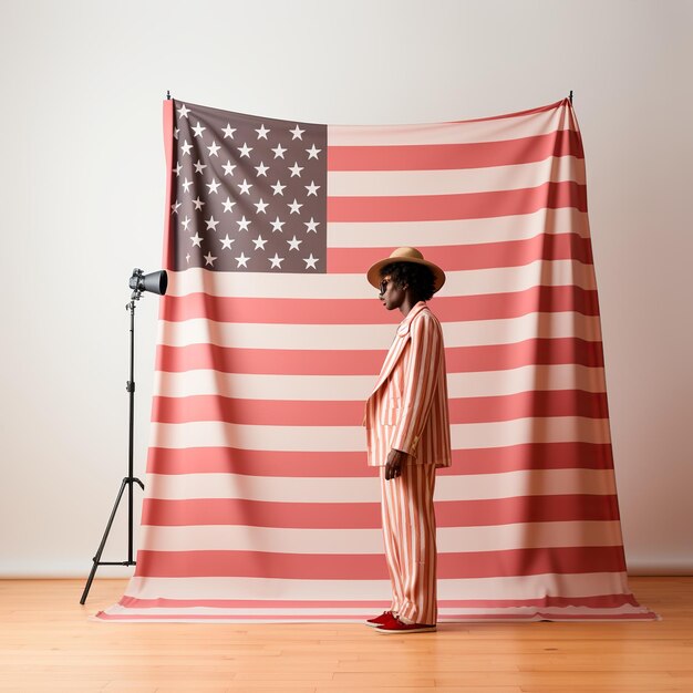 Capturez l'essence de la fierté américaine avec un selfie puissant sur fond du drapeau américain emblématique