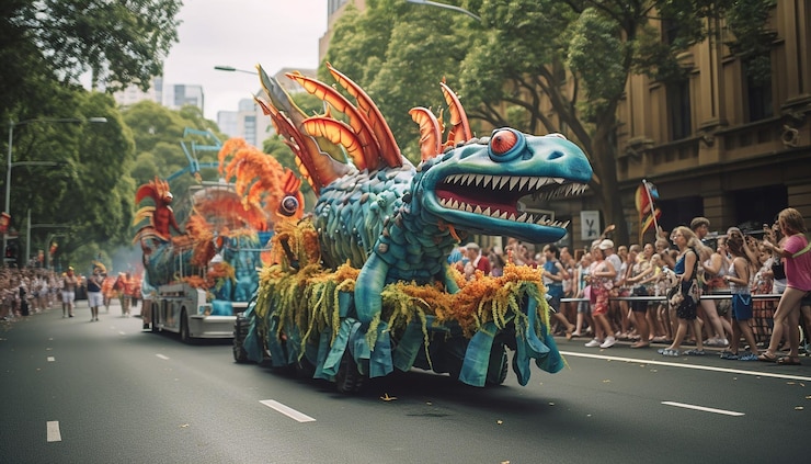 Photo capturez l'excitation d'un défilé de la fête de l'australie en vous concentrant sur des chars présentant les plongeurs du pays