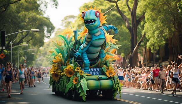 Photo capturez l'excitation d'un défilé de la fête de l'australie en vous concentrant sur des chars présentant les plongeurs du pays