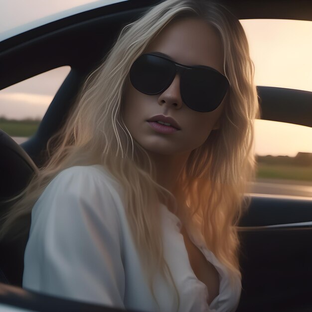 Capturez la joie insouciante d'une fille dans une voiture qui se lance dans un voyage aventureux rempli