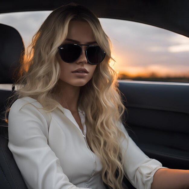 Capturez la joie insouciante d'une fille dans une voiture qui se lance dans un voyage aventureux rempli