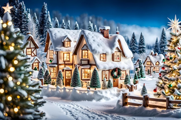 Capturez la magie d'une illustration du pays des merveilles hivernales avec une scène de village enneigé générée par l'IA