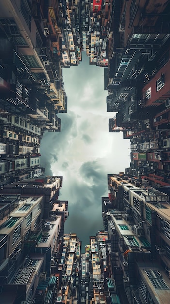 Photo capturez un paysage de rêve dystopique à partir d'une vue œil de ver avec des bâtiments imposants se fondant dans le ciel en utilisant des techniques de rendu numérique photoréaliste