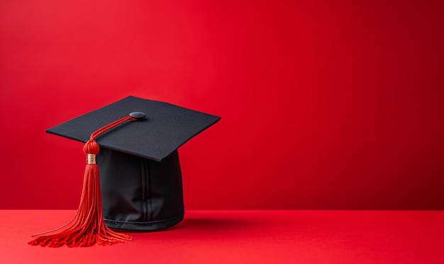 capuchon de graduation sur fond rouge espace de copie vue avant