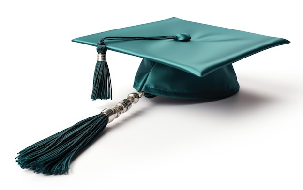 Photo capuchon de graduation vert teal avec accents argentés sur un fond transparent png de surface blanche ou claire