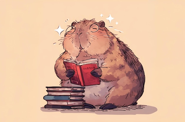 Capybara heureux lisant des livres avec des illustrations dessinées à la main