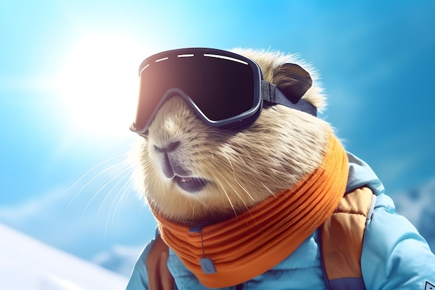 Capybara en lunettes de ski snowglasses sur fond naturel mauntains