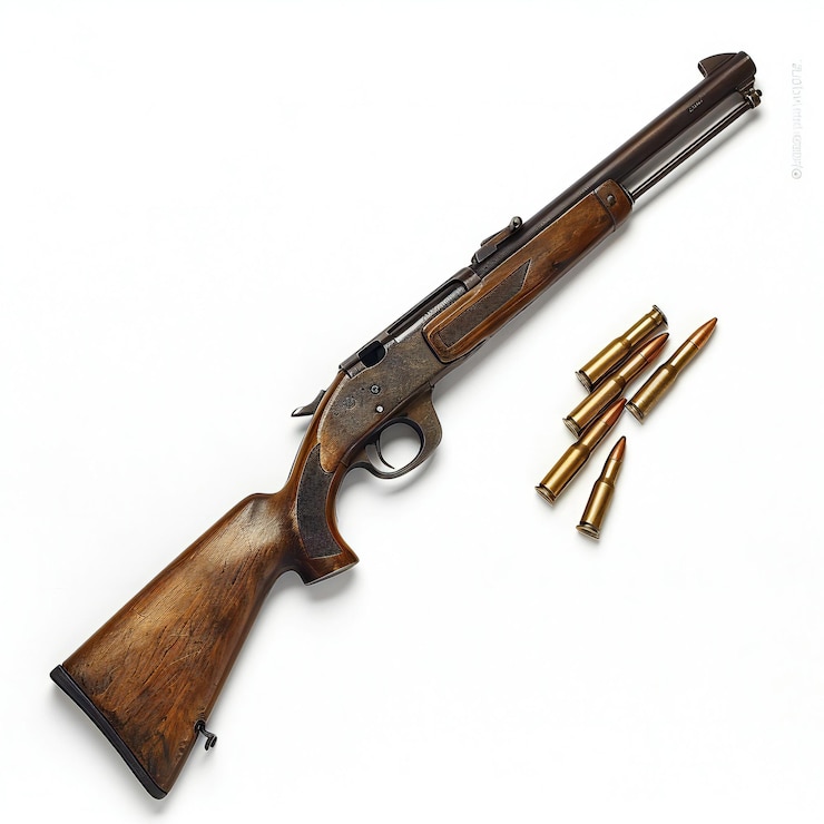 Photo carabine de chasse avec des balles sur fond blanc