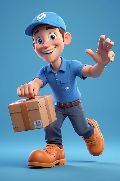 Photo caractère 3d d'un livreur portant une chemise bleue et un chapeau bleu livrant un colis à un client avec un sourire