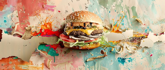 Caractère de graffiti urbain dans le style de burger Mascotte de dessin animé avec des yeux ronds dans l'esthétique y2k Illustration texturée dessinée à la main