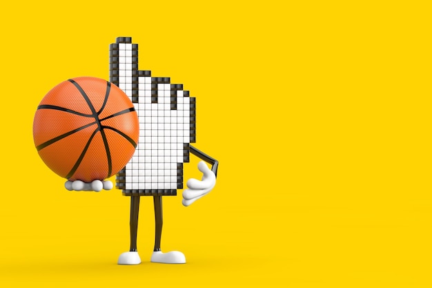 Caractère de personne de mascotte de curseur de main de pixel avec le rendu 3d de boule de basket-ball