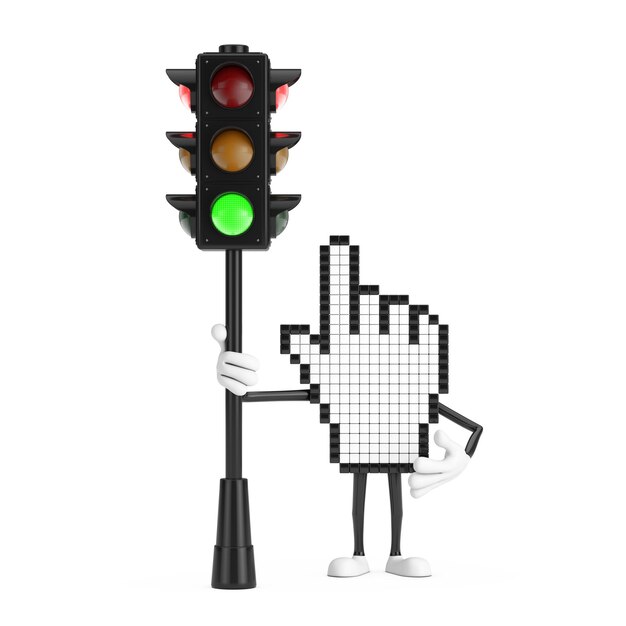 Caractère de personne de mascotte de curseur de main de pixel avec le rendu 3d de feu vert de trafic