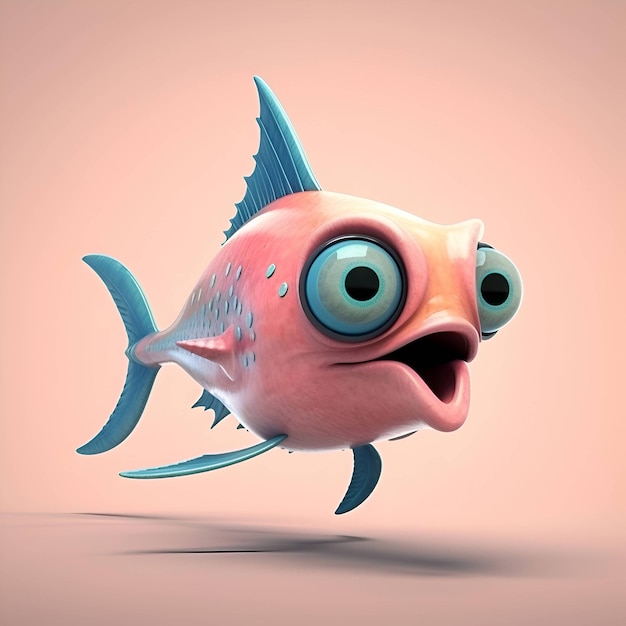 Caractère de poisson avec de grands yeux regardant l'illustration de rendu 3d de la caméra