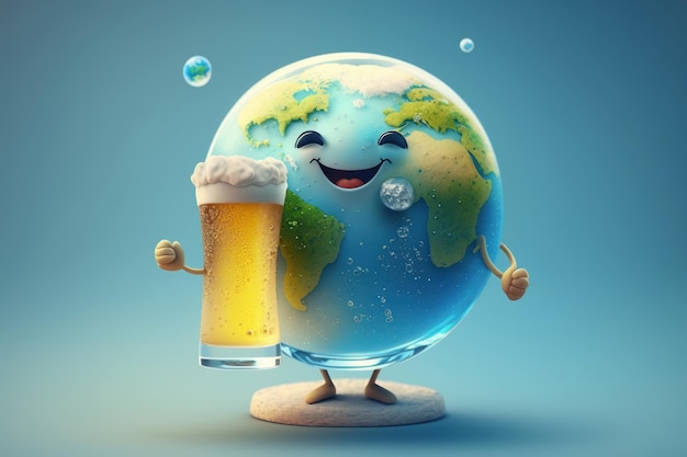 Caractère de la terre tenant un verre de bière Contexte Journée internationale de la bière Ai générative