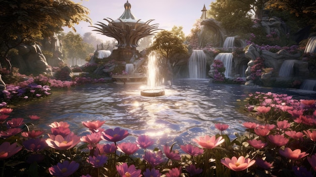 une caractéristique d'eau avec une cascade et des fleurs au premier plan.