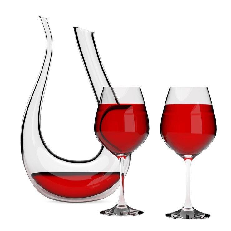 Photo carafe en cristal de verre avec du vin rouge et deux verres à vin sur fond blanc. rendu 3d