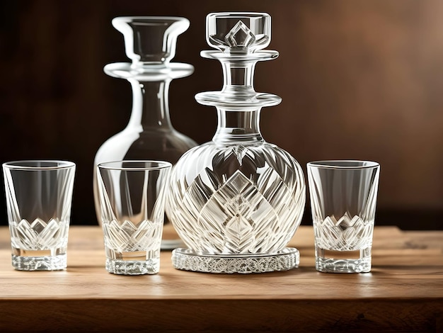Carafe en cristal et verres à liqueur sur une table en bois Contenu IA génératif