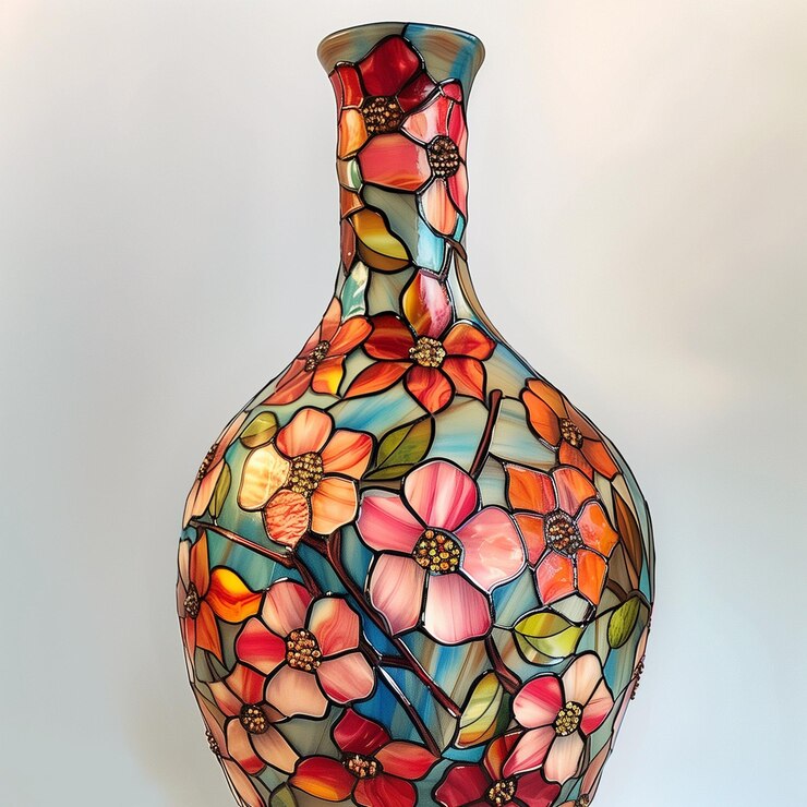 Photo carafe peinte à la main avec des vitraux et des fleurs de cerisier