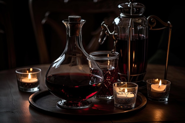 Carafe remplie de vin rouge entourée de bougies pour une soirée romantique